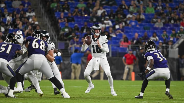 Aug 9, 2024; Baltimore, Maryland, USA; Philadelphia Eagles quarterback Tanner McKee (16) looks to pass during the second half  of a preseason game against the Baltimore Ravens at M&T Bank Stadium. 