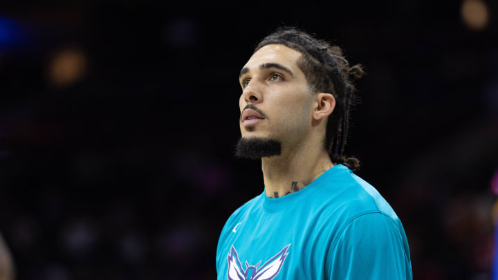 Oct 12, 2022; Philadelphia, Pennsylvania, USA; Charlotte Hornets guard LiAngelo Ball before a game against the Philadelphia 76ers at Wells Fargo Center. Mandatory Credit: Bill Streicher-USA TODAY Sports