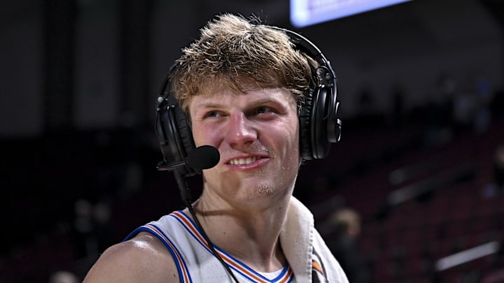Feb 7, 2026; College Station, Texas, USA; Florida Gators forward Thomas Haugh (10) speaks during an interview after the game against the Texas A&M Aggies at Reed Arena. Mandatory Credit: Maria Lysaker-Imagn Images 
