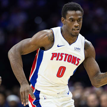 Apr 9, 2024; Philadelphia, Pennsylvania, USA; Detroit Pistons center Jalen Duren (0) dribbles the ball against the Philadelphia 76ers during the third quarter at Wells Fargo Center.