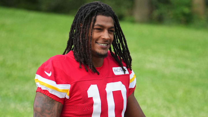 Jul 22, 2025; St. Joseph, MO, USA; Kansas City Chiefs running back Isiah Pacheco (10) walks down the hill to the fields prior to training camp at Missouri Western State University. Mandatory Credit: Denny Medley-Imagn Images