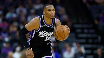Nov 11, 2025; Sacramento, California, USA; Sacramento Kings center Domantas Sabonis (11) dribbles the ball up the court during the fourth quarter against the Denver Nuggets at Golden 1 Center. Mandatory Credit: Sergio Estrada-Imagn Images