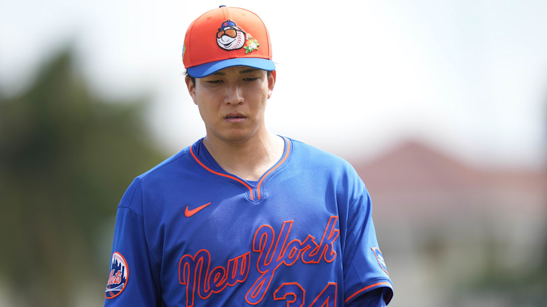 Mar 7, 2026; Jupiter, Florida, USA;  New York Mets pitcher Kodai Senga (34) walks off the mound in the second inning against the St. Louis Cardinals at Roger Dean Chevrolet Stadium. Mandatory Credit: Jim Rassol-Imagn Images