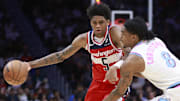 Apr 13, 2025; Miami, Florida, USA;  Miami Heat guard Josh Christopher (8) defends Washington Wizards guard AJ Johnson (5) during the second half at Kaseya Center. Mandatory Credit: Rhona Wise-Imagn Images