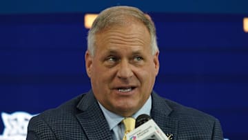 Jul 9, 2025; Frisco, TX, USA; West Virginia head coach Rich Rodriguez speaks with the media during 2025 Big 12 Football Media Days at The Star. Mandatory Credit: Raymond Carlin III-Imagn Images