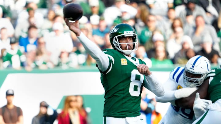 New York Jets quarterback Aaron Rodgers throws the ball during the second quarter of a game against the Indianapolis Colts on November 17, 2024, in East Rutherford. New York Jets quarterback Aaron Rodgers throws the ball during the second quarter of a game against the Indianapolis Colts on November 17, 2024, in East Rutherford.