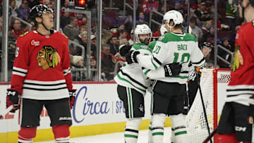 Nov 27, 2024; Chicago, Illinois, USA; Dallas Stars center Colin Blackwell (15) celebrates his goal against the Chicago Blackhawks during the second period at United Center. Mandatory Credit: David Banks-Imagn Images