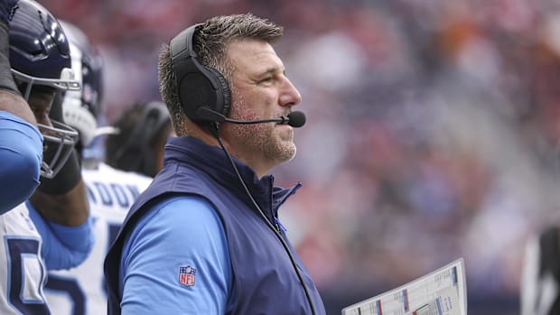 Dec 31, 2023; Houston, Texas, USA; Tennessee Titans head coach Mike Vrabel looks on  against the Houston Texans