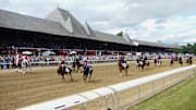 Jun 8, 2024; Saratoga Springs, NY, USA; A general view of horses on the track at Saratoga Race Course. 