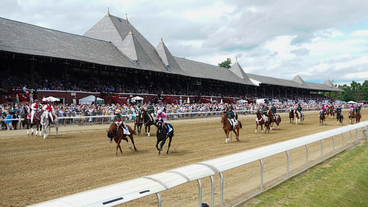 Jun 8, 2024; Saratoga Springs, NY, USA; A general view of horses on the track at Saratoga Race Course. 