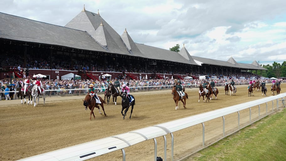 A general view of horses on the track at Saratoga Race Course.  | Gregory Fisher-Imagn Images
