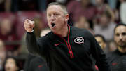 Feb 1, 2025; Tuscaloosa, AL, USA;  Georgia Bulldogs head coach Mike White yells at an official after receiving a technical foul during a game against the Alabama Crimson Tide at Coleman Coliseum. Alabama won 90-69. Mandatory Credit: Gary Cosby Jr/USA TODAY Network via Imagn Images