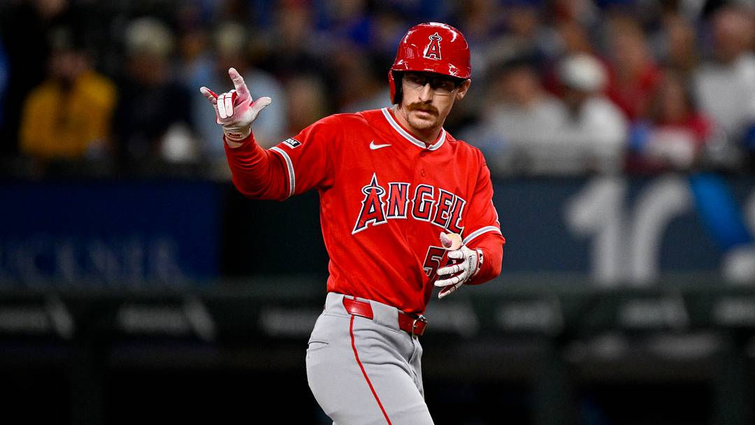 Jul 9, 2026; Arlington, Texas, USA; Los Angeles Angels left fielder Wade Meckler (53) hits a single against the Texas Rangers during the third inning at Globe Life Field. Mandatory Credit: Jerome Miron-Imagn Images