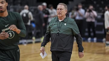 Mar 27, 2025; Atlanta, GA, USA; Michigan State Spartans head coach Tom Izzo shown  on the court during practice at State Farm Arena. Mandatory Credit: Dale Zanine-Imagn Images