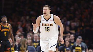 Denver Nuggets center Nikola Jokic reacts after a play against the Oklahoma City Thunder.