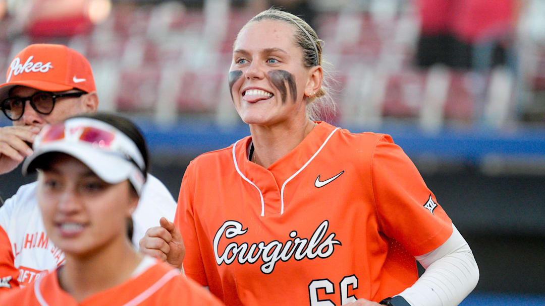 Oklahoma State starting pitcher Ruby Meylan (66) celebrates a win after an NCAA Big 12 softball tournament game between the Oklahoma State Cowgirls and the Utah Utes at Devon Park in Oklahoma City, on Thursday, May 7, 2026.