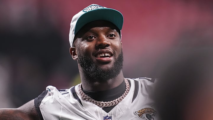 Aug 23, 2024; Atlanta, Georgia, USA; Jacksonville Jaguars defensive end Josh Hines-Allen (41) shown on the field against the Atlanta Falcons at Mercedes-Benz Stadium. Mandatory Credit: Dale Zanine-Imagn Images