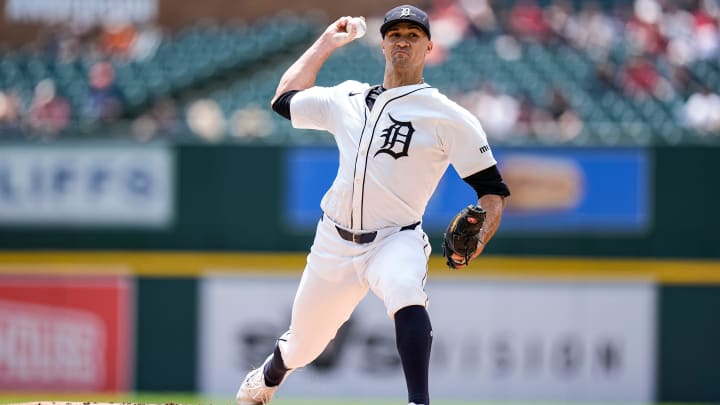 Detroit Tigers pitcher Jack Flaherty (9) delivers a pitch against Cleveland Guardians during the first inning at Comerica Park in Detroit on Thursday, July 11, 2024.