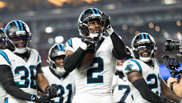 November 24, 2025; Santa Clara, California, USA; Carolina Panthers cornerback Mike Jackson (2) during the second quarter against the San Francisco 49ers at Levi's Stadium. Mandatory Credit: Kyle Terada-Imagn Images