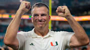 Sep 20, 2025; Miami Gardens, Florida, USA; Miami Hurricanes head coach Mario Cristobal reacts after the game against the Florida Gators at Hard Rock Stadium. Mandatory Credit: Sam Navarro-Imagn Images