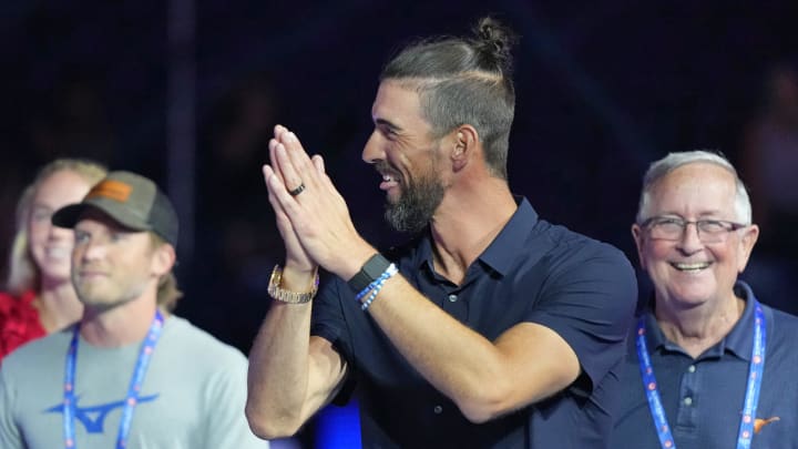 Michael Phelps smiles, Friday, June 21, 2024, during the seventh day of the U.S. Olympic Team Swimming Trials at Lucas Oil Stadium in Indianapolis.