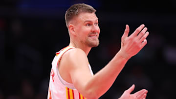 Kristaps Porzingis shrugs after a call against the Washington Wizards