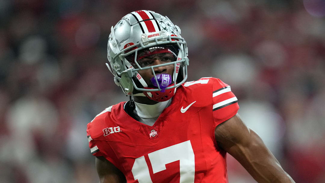 Dec 6, 2025; Indianapolis, IN, USA; Ohio State Buckeyes wide receiver Carnell Tate (17) looks on in the first half against the Indiana Hoosiers during the 2025 Big Ten championship game at Lucas Oil Stadium. Mandatory Credit: Aaron Doster-Imagn Images
