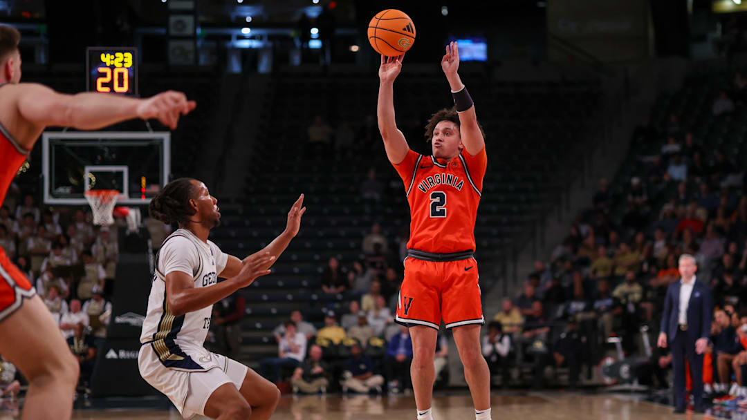 Feb 18, 2026; Atlanta, Georgia, USA; Virginia Cavaliers guard Chance Mallory (2) shoots against the Georgia Tech Yellow Jackets in the first half at McCamish Pavilion. Mandatory Credit: Brett Davis-Imagn Images
