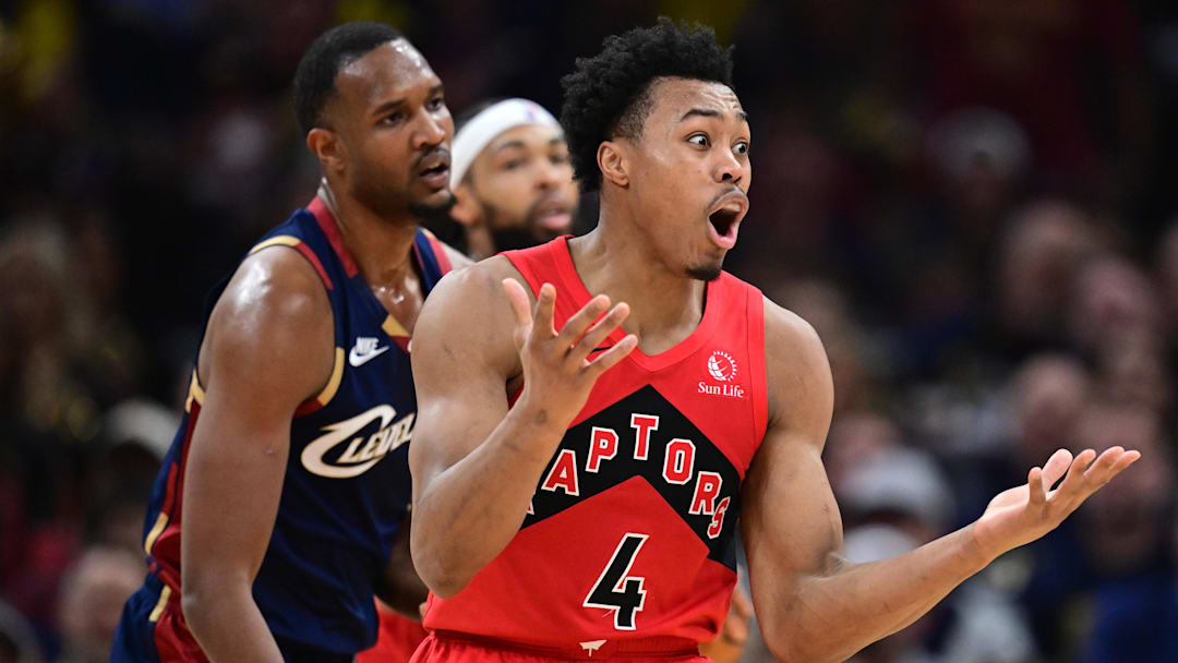 Apr 20, 2026; Cleveland, Ohio, USA; Toronto Raptors forward Scottie Barnes (4) reacts after being called for a foul during the second half during game two of the first round of the 2026 NBA Playoffs against the Cleveland Cavaliers at Rocket Arena. Mandatory Credit: David Dermer-Imagn Images