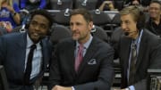 Jan 4, 2018; Los Angeles, CA, USA; TNT broadcasters Chris Webber (left), Brent Barry (center) and Marv Albert pose during an NBA basketball game between the Oklahoma City Thunder and the Los Angeles Clippers at Staples Center. The Thunder defeated the Clippers 127-117. Mandatory Credit: Kirby Lee-USA TODAY Sports