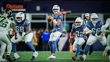 Nov 13, 2025; Foxborough, Massachusetts, USA; New England Patriots quarterback Drake Maye (10) on the field against the New York Jets in the second quarter at Gillette Stadium. Mandatory Credit: David Butler II-Imagn Images