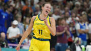 Aug 4, 2024; Villeneuve-d'Ascq, France; Australia forward Alanna Smith (11) celebrates after defeating France in a women’s group B game during the Paris 2024 Olympic Summer Games at Stade Pierre-Mauroy. Mandatory Credit: John David Mercer-USA TODAY Sports