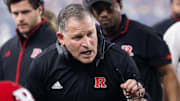 Dec 26, 2024; Phoenix, AZ, USA; Rutgers Scarlet Knights head coach Greg Schiano against the Kansas State Wildcats during the Rate Bowl at Chase Field. Mandatory Credit: Mark J. Rebilas-Imagn Images