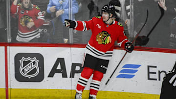 Jan 20, 2025; Chicago, Illinois, USA;  Chicago Blackhawks center Ryan Donato (8) celebrates his goal against the Carolina Hurricanes during the second period at the United Center. Mandatory Credit: Matt Marton-Imagn Images


