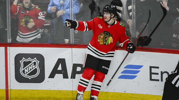 Jan 20, 2025; Chicago, Illinois, USA;  Chicago Blackhawks center Ryan Donato (8) celebrates his goal against the Carolina Hurricanes during the second period at the United Center. Mandatory Credit: Matt Marton-Imagn Images


