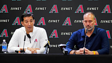 Diamondbacks GM Mike Hazen (left) speaks to the media with Diamondbacks head coach Torey Lovullo after the team was eliminated from playoff contention at Chase Field in Phoenix on Oct. 1, 2024.