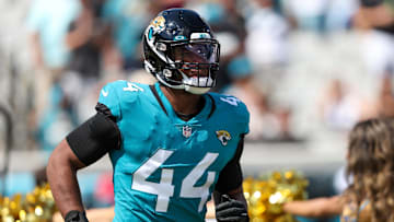 Oct 9, 2022; Jacksonville, Florida, USA;  Jacksonville Jaguars linebacker Travon Walker (44) enters the field before a game against the  Houston Texans at TIAA Bank Field. Mandatory Credit: Nathan Ray Seebeck-Imagn Images
