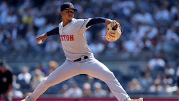 Sep 14, 2024; Bronx, New York, USA; Boston Red Sox starting pitcher Brayan Bello (66) pitches against the New York Yankees during the first inning at Yankee Stadium.