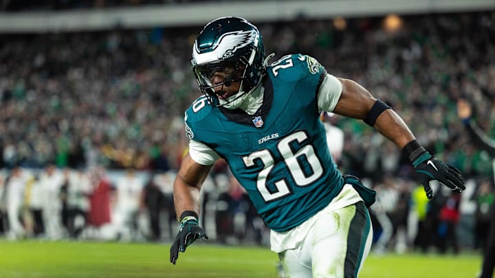 Nov 14, 2024; Philadelphia, Pennsylvania, USA; Philadelphia Eagles running back Saquon Barkley (26) reacts after his touchdown run against the Washington Commanders during the fourth quarter at Lincoln Financial Field. Mandatory Credit: Bill Streicher-Imagn Images Nov 14, 2024; Philadelphia, Pennsylvania, USA; Philadelphia Eagles running back Saquon Barkley (26) reacts after his touchdown run against the Washington Commanders during the fourth quarter at Lincoln Financial Field. Mandatory Credit: Bill Streicher-Imagn Images