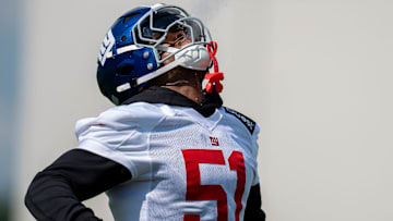New York Giants linebacker Abdul Carter (51) spits water out during day one of the New York Giants training camp at Quest Diagnostics Giants Training Center in East Rutherford on Wednesday, July 23, 2025.