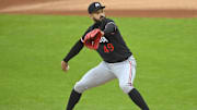 Apr 30, 2025; Cleveland, Ohio, USA; Minnesota Twins starting pitcher Pablo Lopez (49) delivers a pitch in the first inning against the Cleveland Guardians at Progressive Field.