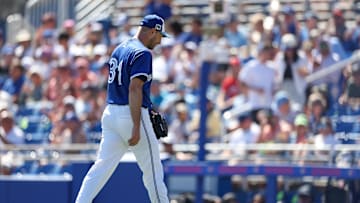 Mar 2, 2025; Dunedin, Florida, USA; Toronto Blue Jays pitcher Max Scherzer (31) leaves the game against the Philadelphia Phillies in the fourth inning during spring training at TD Ballpark. 