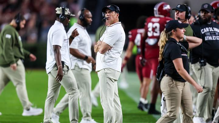 Nov 22, 2025; Columbia, South Carolina, USA; South Carolina Gamecocks head coach Shane Beamer directs team against the Coastal Carolina Chanticleers his  in the second quarter at Williams-Brice Stadium. Mandatory Credit: Jeff Blake-Imagn Images
