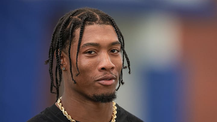 Jul 24, 2024; East Rutherford, NJ, USA; New York Giants safety Isaiah Simmons (19) talks with media during training camp at Quest Diagnostics Training Facility. 