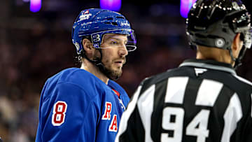 Feb 2, 2025; New York, New York, USA; New York Rangers center J.T. Miller (8) waits for a face-off against the Vegas Golden Knights during the second period at Madison Square Garden. Mandatory Credit: Danny Wild-Imagn Images