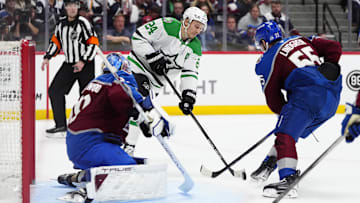 May 1, 2025; Denver, Colorado, USA; Colorado Avalanche defenseman Ryan Lindgren (55) and goaltender Mackenzie Blackwood (39) defend on v24in the third period in game six of the first round of the 2025 Stanley Cup Playoffs at Ball Arena. Mandatory Credit: Ron Chenoy-Imagn Images