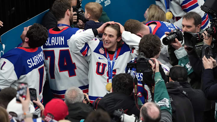 Jack Hughes of the United States celebrates after winning the men's ice hockey gold medal during the Milano Cortina 2026 Olympic Winter Games: James Lang-Imagn Images
