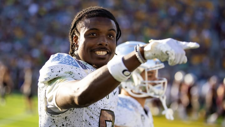 Nov 18, 2023; Tempe, Arizona, USA; Oregon Ducks defensive back Khyree Jackson (5) against the Arizona State Sun Devils at Mountain America Stadium. Mandatory Credit: Mark J. Rebilas-USA TODAY Sports