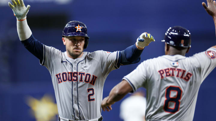 Houston Astros third baseman Alex Bregman is congratulated after hitting a home run Aug. 13 against the Tampa Bay Rays at Tropicana Field.