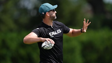 Jul 23, 2025; Philadelphia, PA, USA; Philadelphia Eagles head coach Nick Sirianni throws a football during training camp at NovaCare Complex. Mandatory Credit: Kyle Ross-Imagn Images